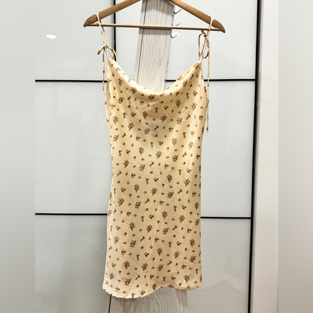 Brand New Champagne Beige Floral Cowl Neck Satin Slip Mini Dress Sleeveless - Picture 2 of 11